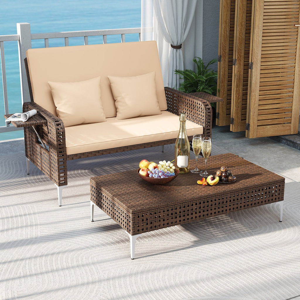 2 Piece Patio Rattan Daybed Wicker Loveseat and Ottoman with Adjustable Backrest-Brown