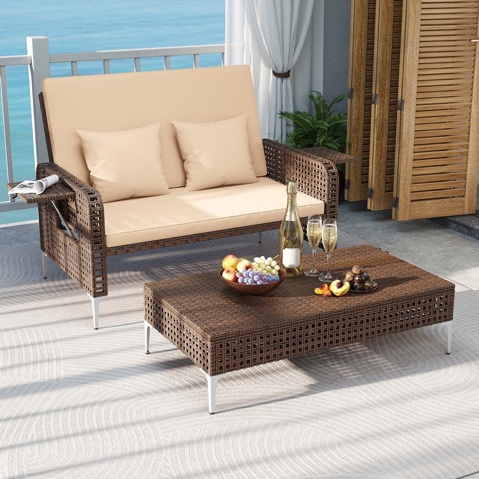 2 Piece Patio Rattan Daybed Wicker Loveseat and Ottoman with Adjustable Backrest-Brown