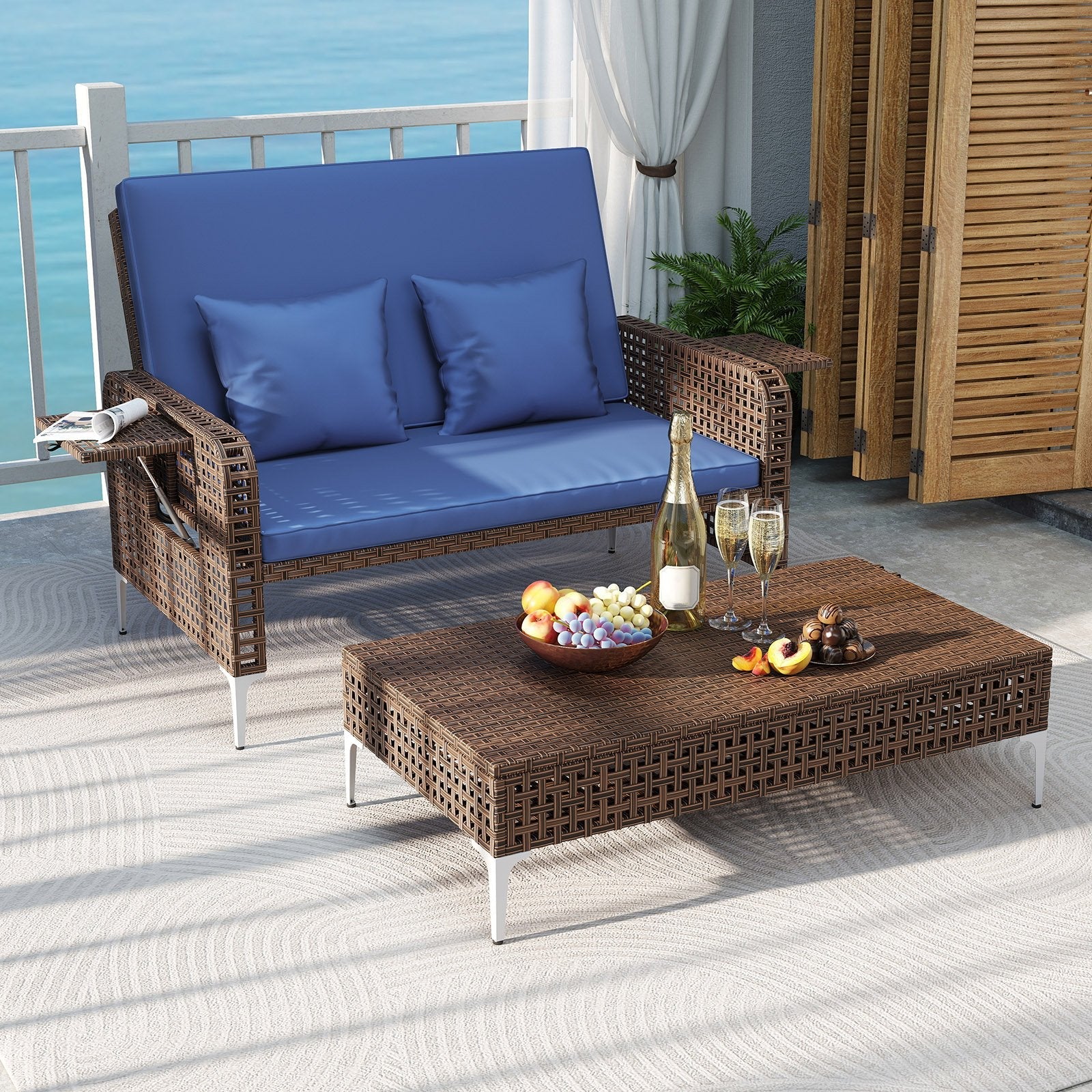 2 Piece Patio Rattan Daybed Wicker Loveseat and Ottoman with Adjustable Backrest-Brown
