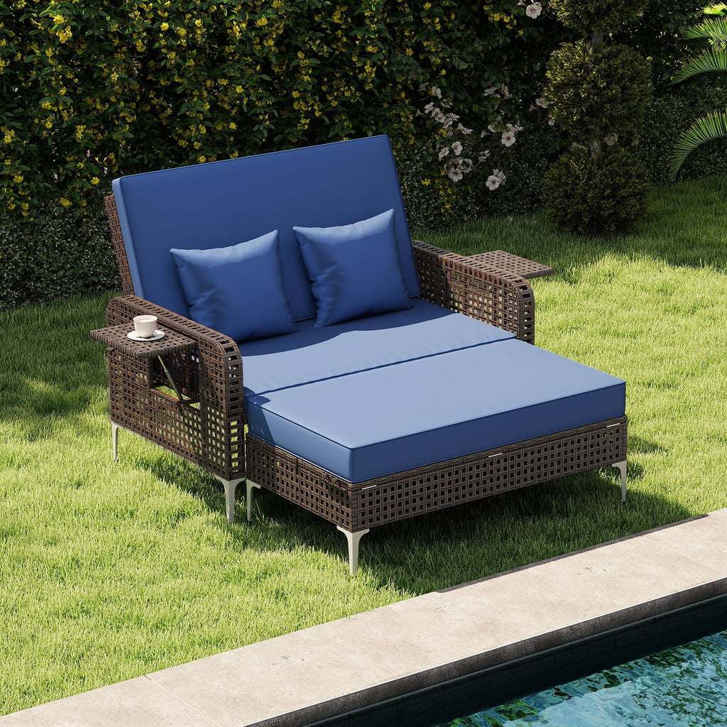 2 Piece Patio Rattan Daybed Wicker Loveseat and Ottoman with Adjustable Backrest-Brown