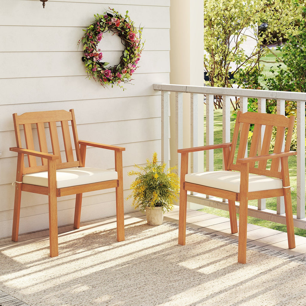 2 Pieces Patio Dining Chairs Outdoor Acacia Wood Chairs-White