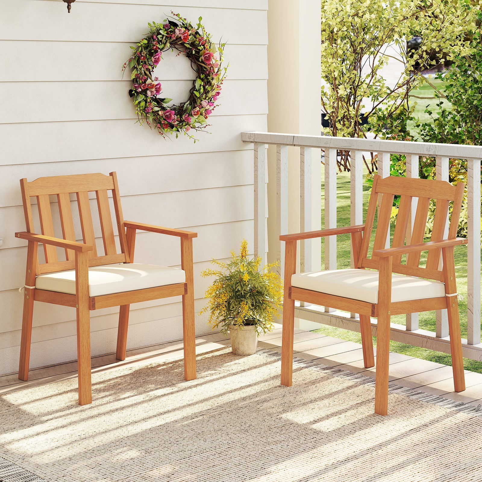 2 Pieces Patio Dining Chairs Outdoor Acacia Wood Chairs-White