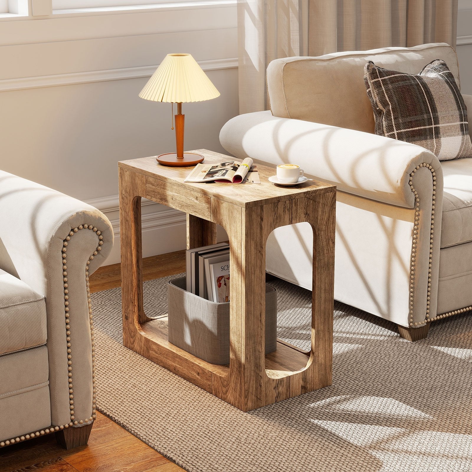 2-Tier End Table with Storage Shelf for Living Room-Oak