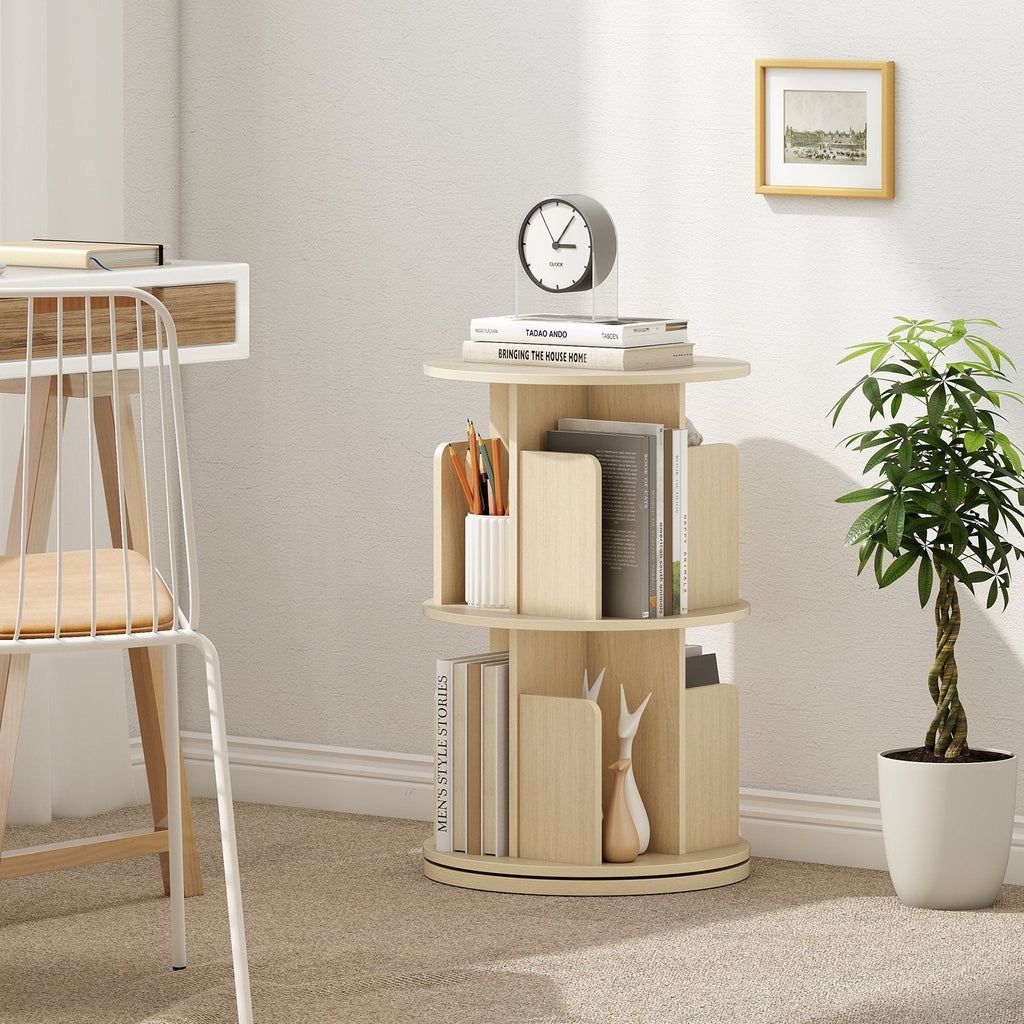 2-Tier Rotating Bookshelf with Dividers and Anti-falling Baffles-Natural