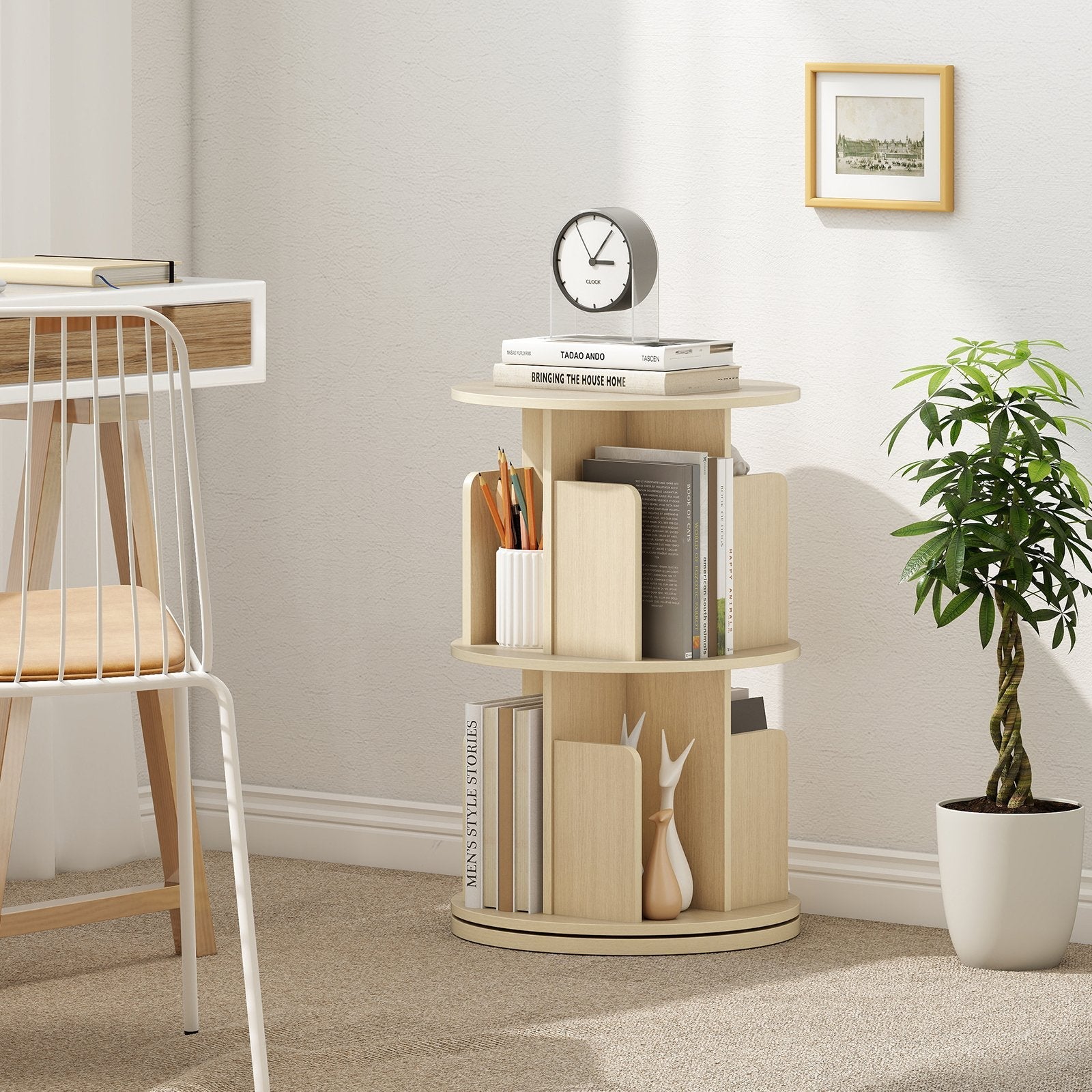2-Tier Rotating Bookshelf with Dividers and Anti-falling Baffles-Natural