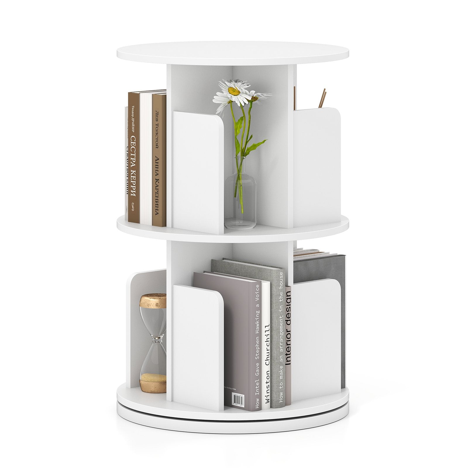 2-Tier Rotating Bookshelf with Dividers and Anti-falling Baffles-Natural