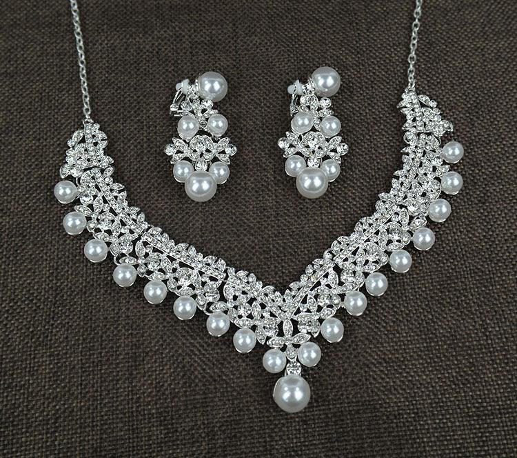 0284 White pearl diamond bridal accessories set