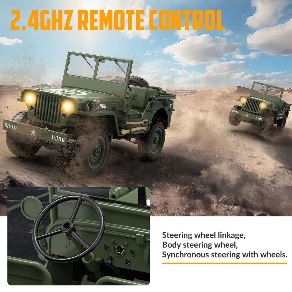 1:10 RACENT RC Crawler, 2.4G Willys Jeep, LED Lights, Upgradable Off-Road Car