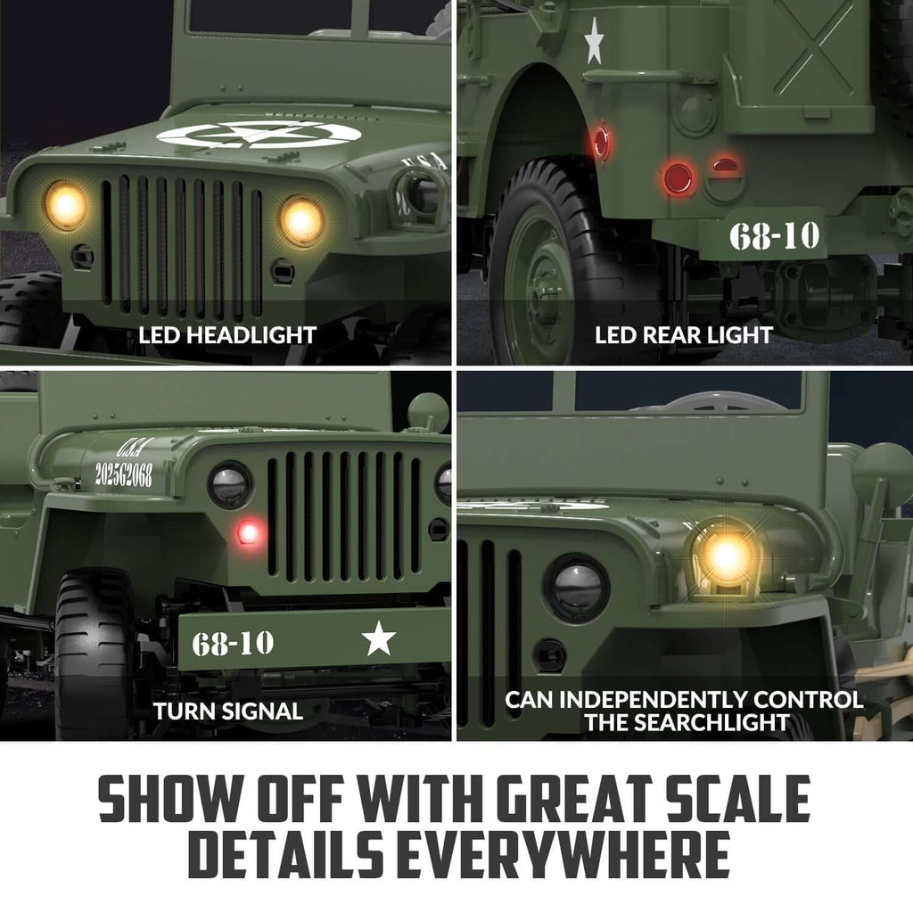 1:10 RACENT RC Crawler, 2.4G Willys Jeep, LED Lights, Upgradable Off-Road Car