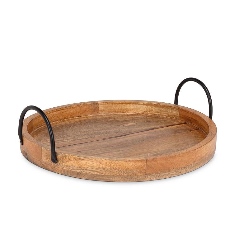 14" Round Wood Serving Tray with Handles – Natural Mangowood & Metal