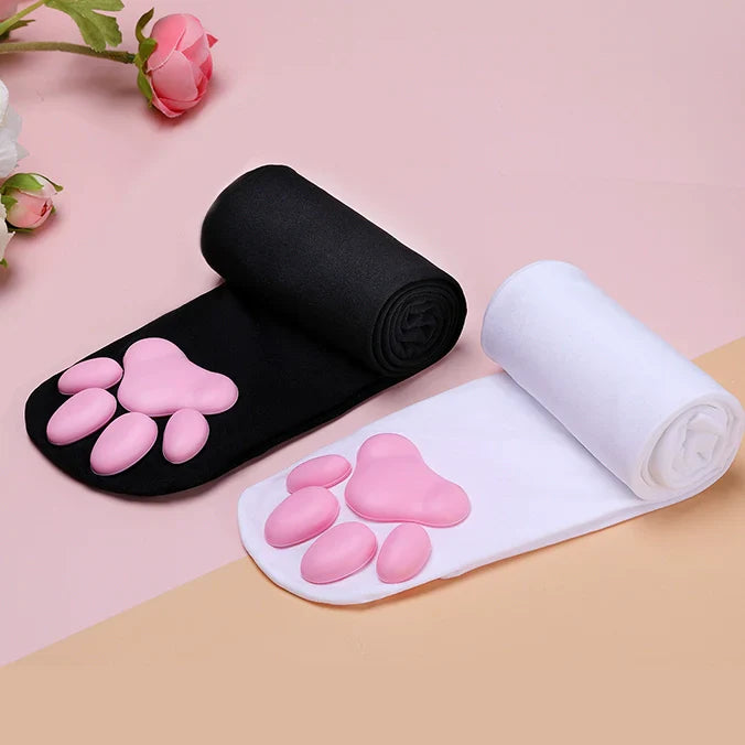 100D Knee Stockings with 3D Cute Cat Paw Paddings Anime Style Velvet Stockings