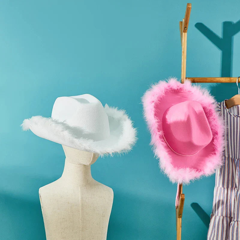2024 Fashion Women´s Party Hats Cowboy Hat Adult Solid Color Furry Trim Wide Brim Hat Female Cap for Dating Party
