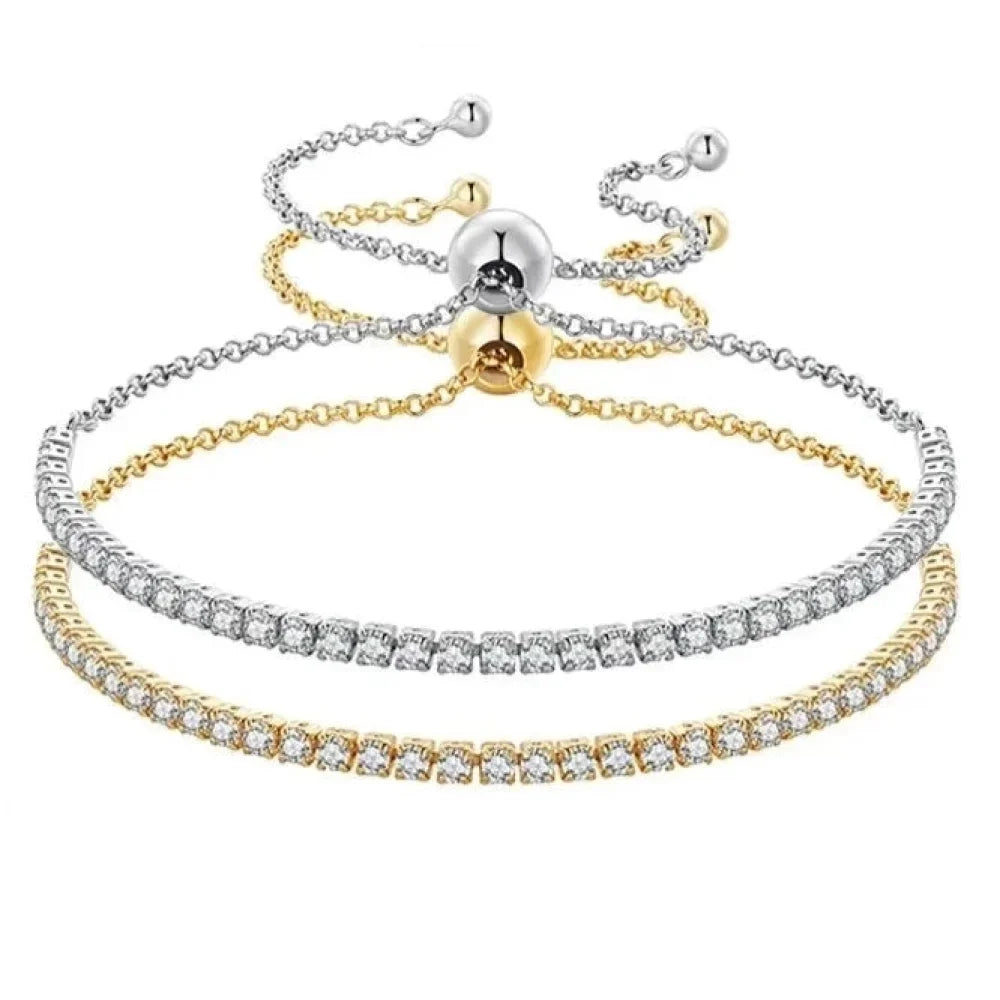 14K Gold Plated Cz Tennis Bracelet | Adjustable 925 Sterling Silver Slider Bracelet For Women | Wedding Jewelry Gift