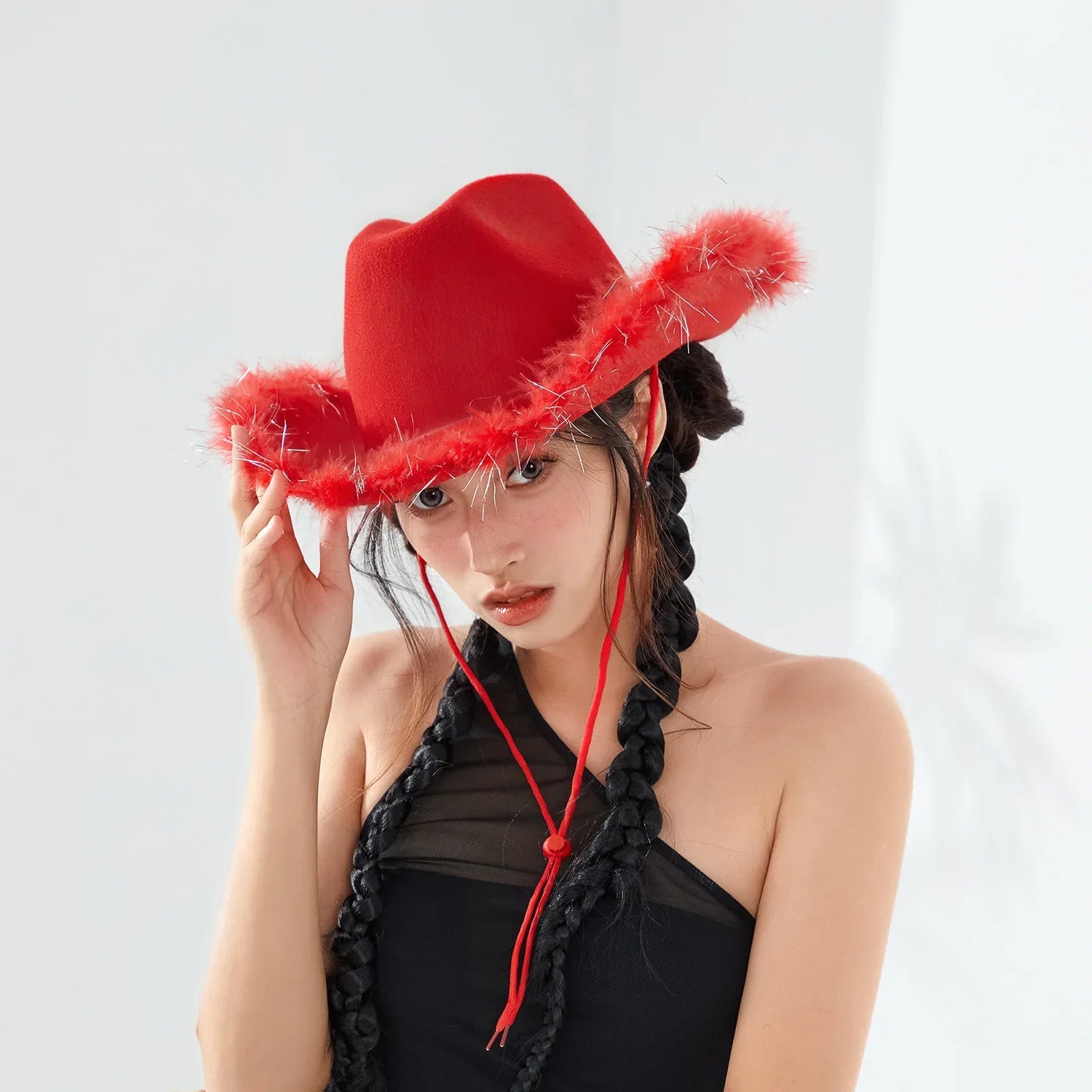 2024 Fashion Women´s Party Hats Cowboy Hat Adult Solid Color Furry Trim Wide Brim Hat Female Cap for Dating Party