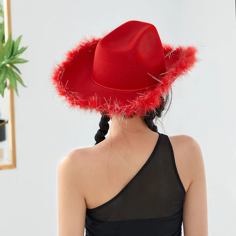 2024 Fashion Women´s Party Hats Cowboy Hat Adult Solid Color Furry Trim Wide Brim Hat Female Cap for Dating Party