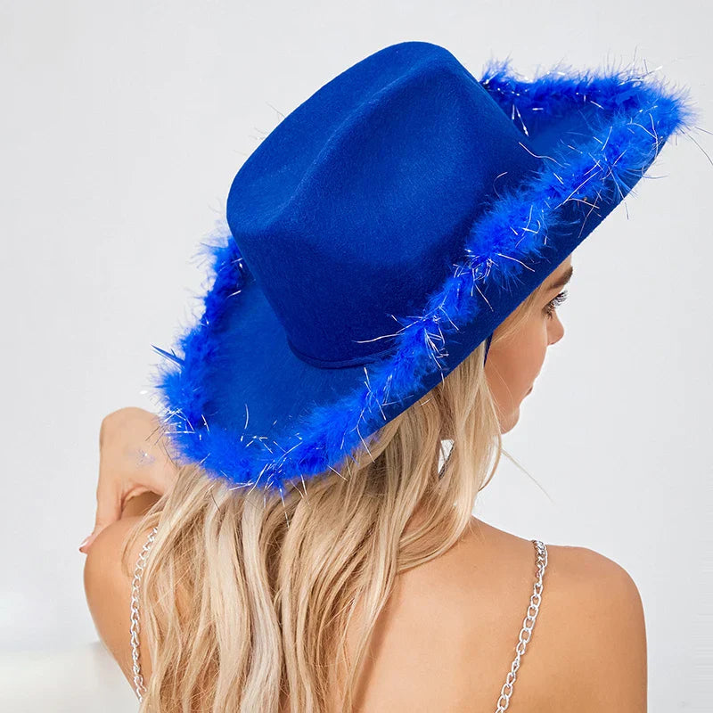 2024 Fashion Women´s Party Hats Cowboy Hat Adult Solid Color Furry Trim Wide Brim Hat Female Cap for Dating Party