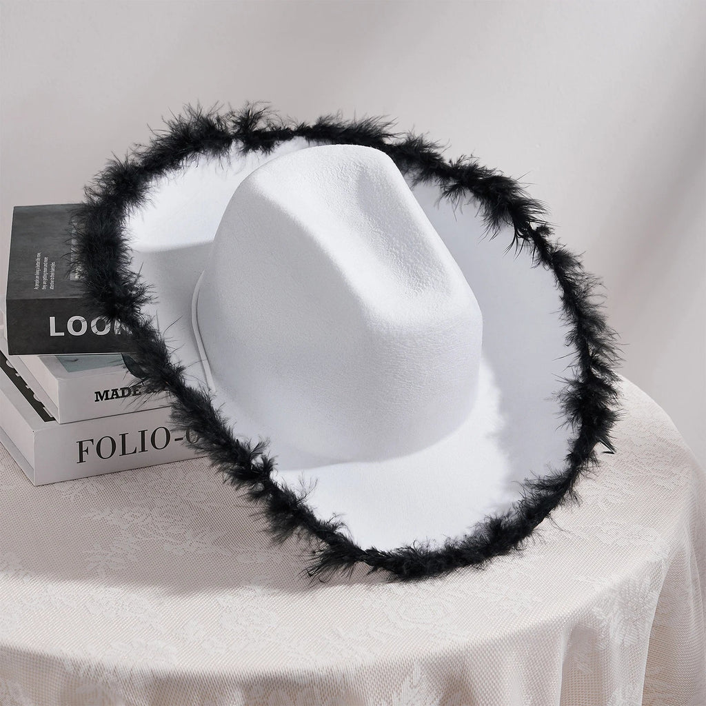 2024 Fashion Women´s Party Hats Cowboy Hat Adult Solid Color Furry Trim Wide Brim Hat Female Cap for Dating Party