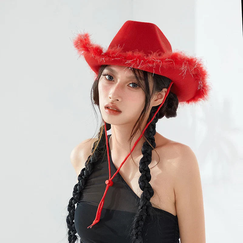 2024 Fashion Women´s Party Hats Cowboy Hat Adult Solid Color Furry Trim Wide Brim Hat Female Cap for Dating Party