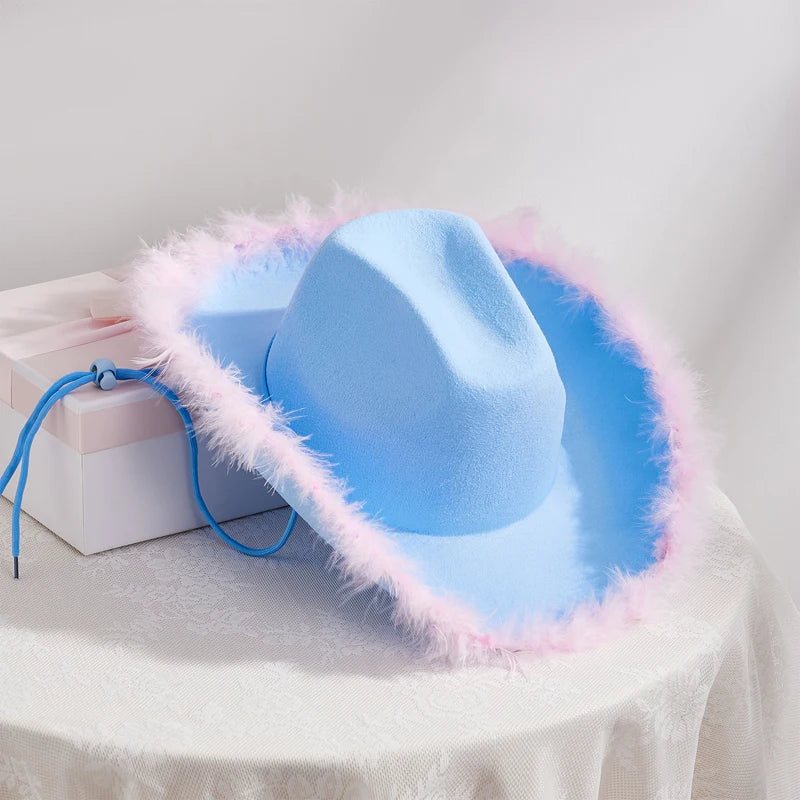 2024 Fashion Women´s Party Hats Cowboy Hat Adult Solid Color Furry Trim Wide Brim Hat Female Cap for Dating Party