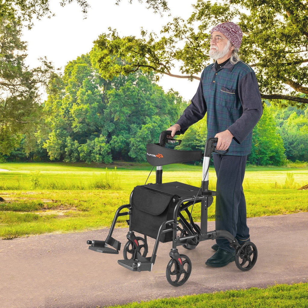 2-in-1 Adjustable Folding Handle Rollator Walker with Storage Space-Black
