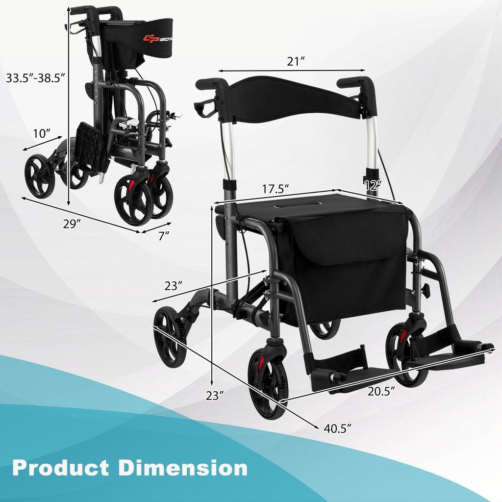 2-in-1 Adjustable Folding Handle Rollator Walker with Storage Space-Black