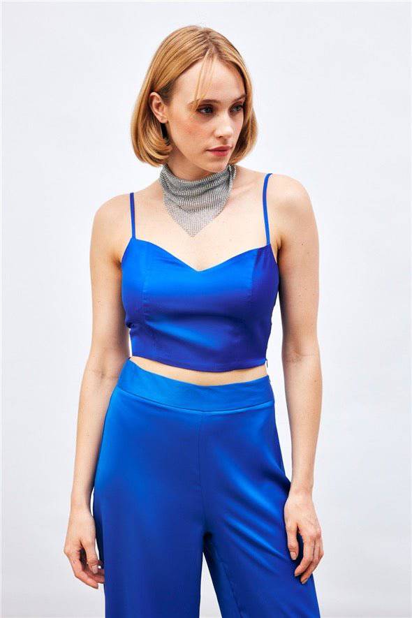 (Basic) Satin Crop Top  with String Straps - Royal Blue