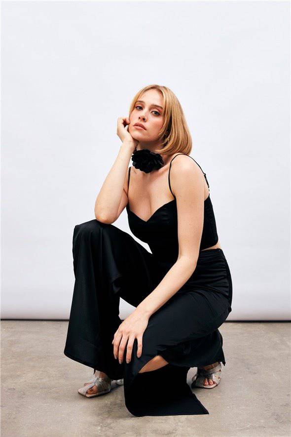 (Basic) Satin Crop Top  with String Straps - Black