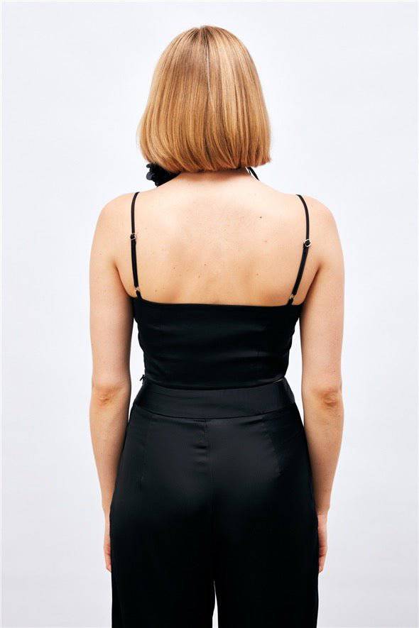 (Basic) Satin Crop Top  with String Straps - Black