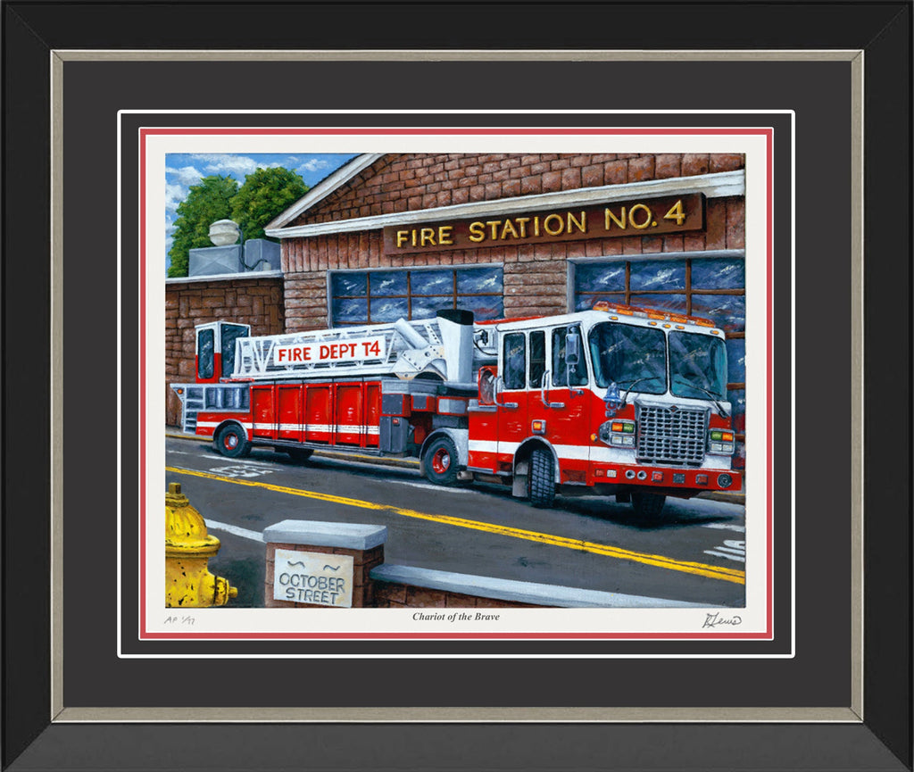 "CHARIOT OF THE BRAVE" FRAMED FIRE TRUCK BY RYAN LEWIS - LTD ED /77, 29.5"X25.5"