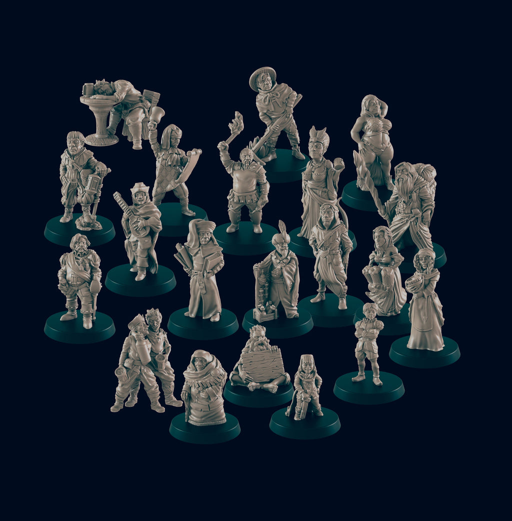 20 Human Villager Miniature Pack - EC3D | DnD | Smithy | Villager | Merchant | Noble | 32mm | Pathfinder | commoner | TTRPG | Wargaming