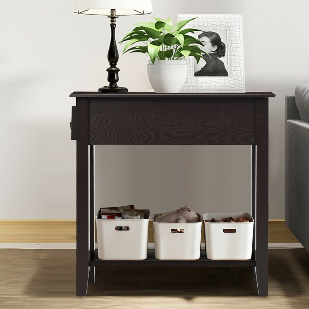 2 Tier End Bedside Sofa Side Table Narrow Nightstand-Black