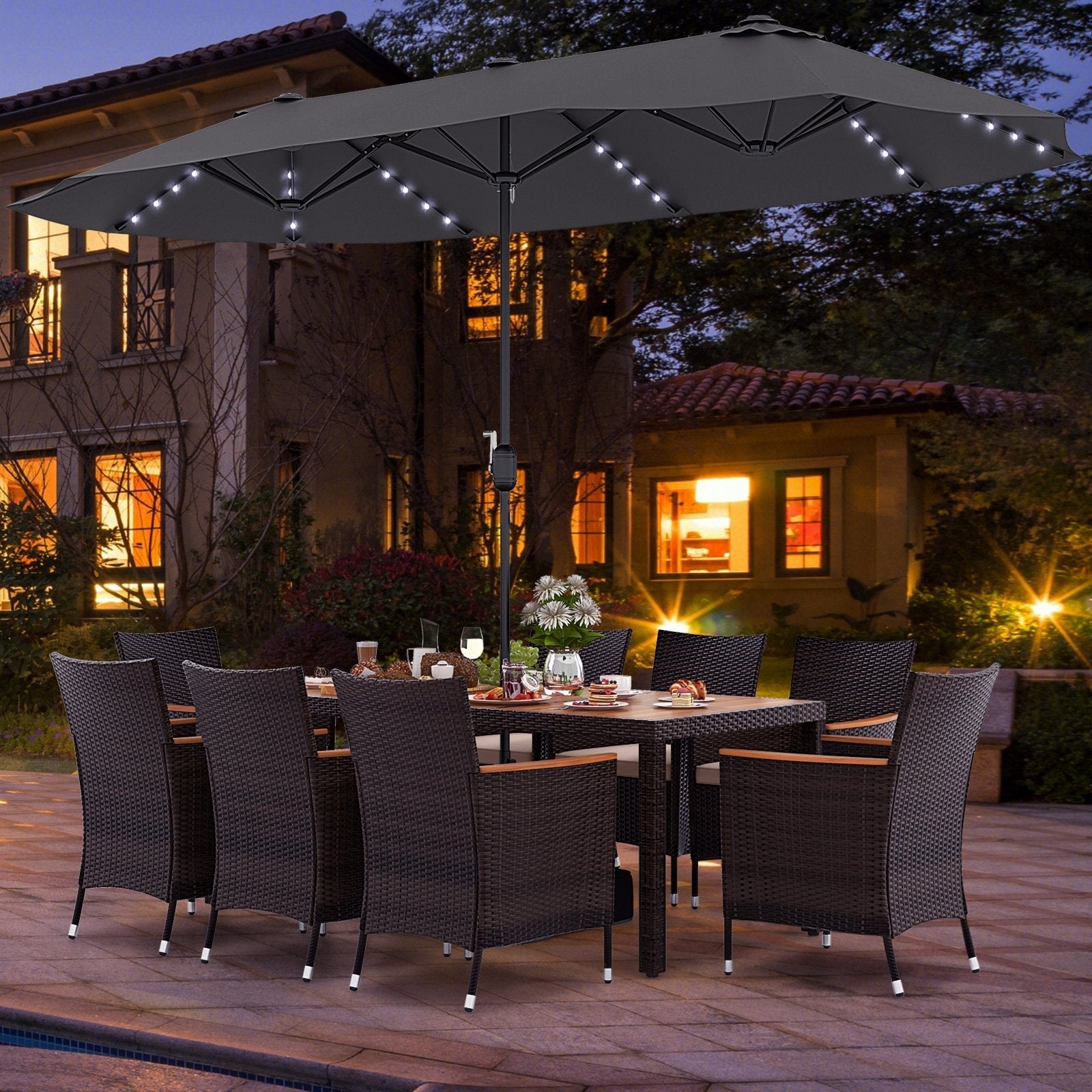 11 Pieces Patio Dining Set with 15 Feet Double-Sided Patio Umbrella and Base-Beige