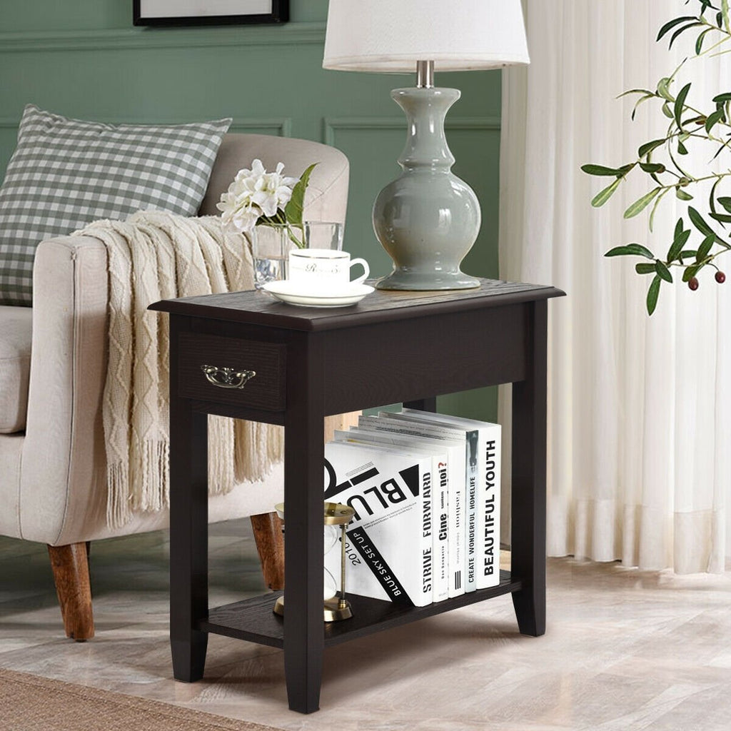 2 Pieces 2 Tier Sofa Side End Table with Drawer and Open Shelf-Black