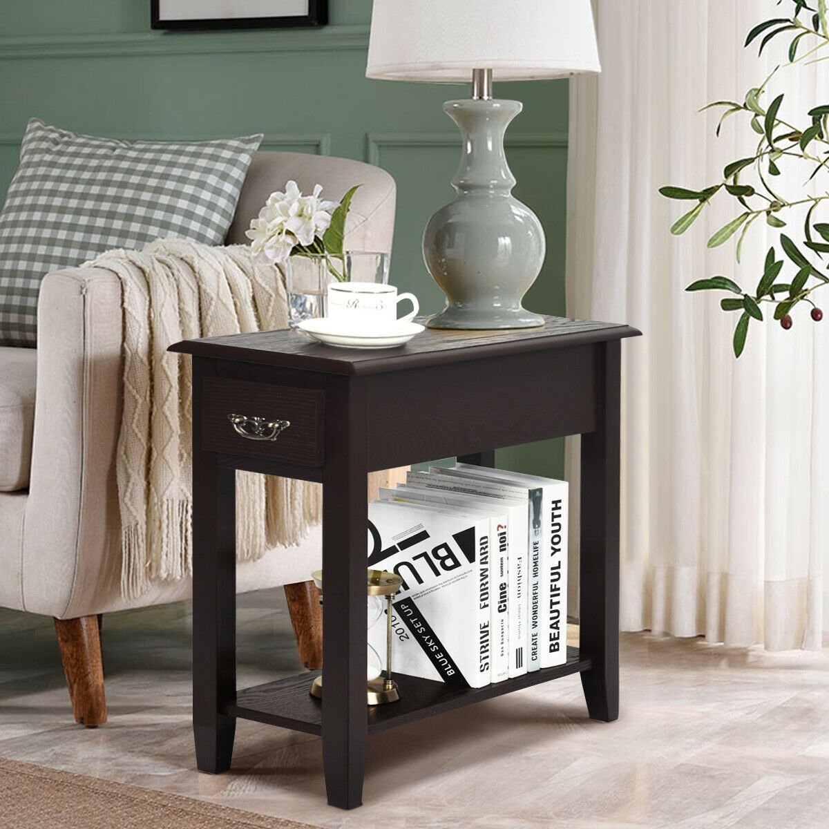 2 Pieces 2 Tier Sofa Side End Table with Drawer and Open Shelf-Black