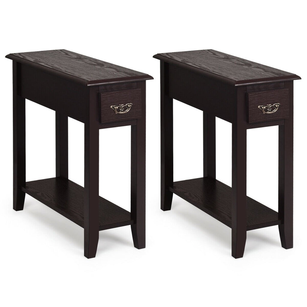 2 Pieces 2 Tier Sofa Side End Table with Drawer and Open Shelf-Black