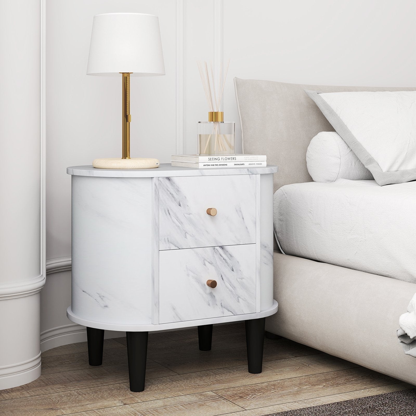 2-Drawer Nightstand Modern Faux Marble Bedside Table with Storage-White