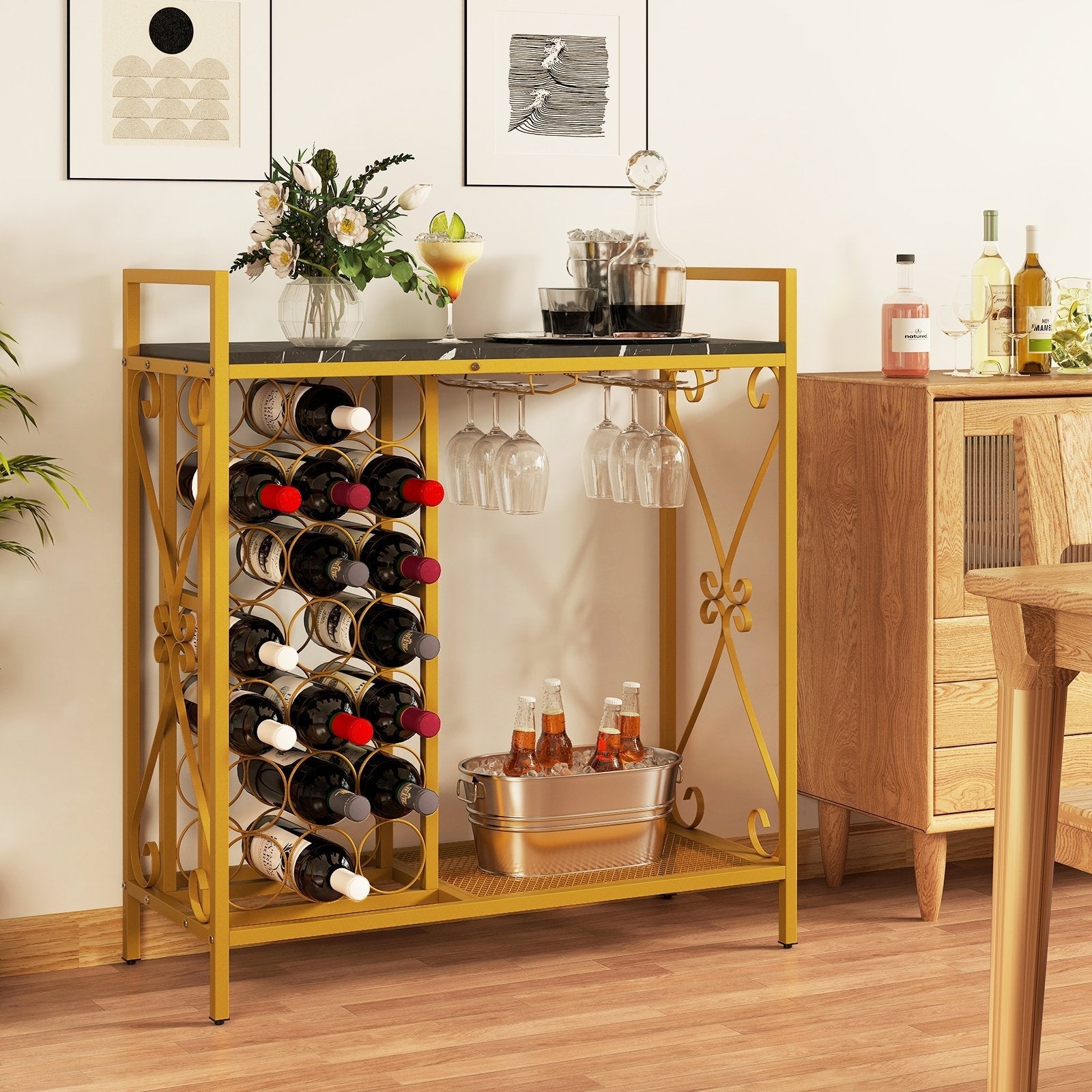 21 Bottle Wine Rack Freestanding Floor Wine Bottle Organizer with Glass Holder-Golden
