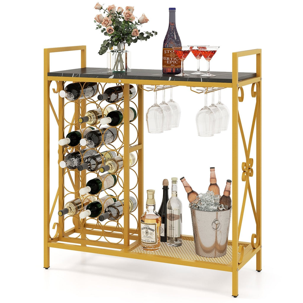 21 Bottle Wine Rack Freestanding Floor Wine Bottle Organizer with Glass Holder-Golden