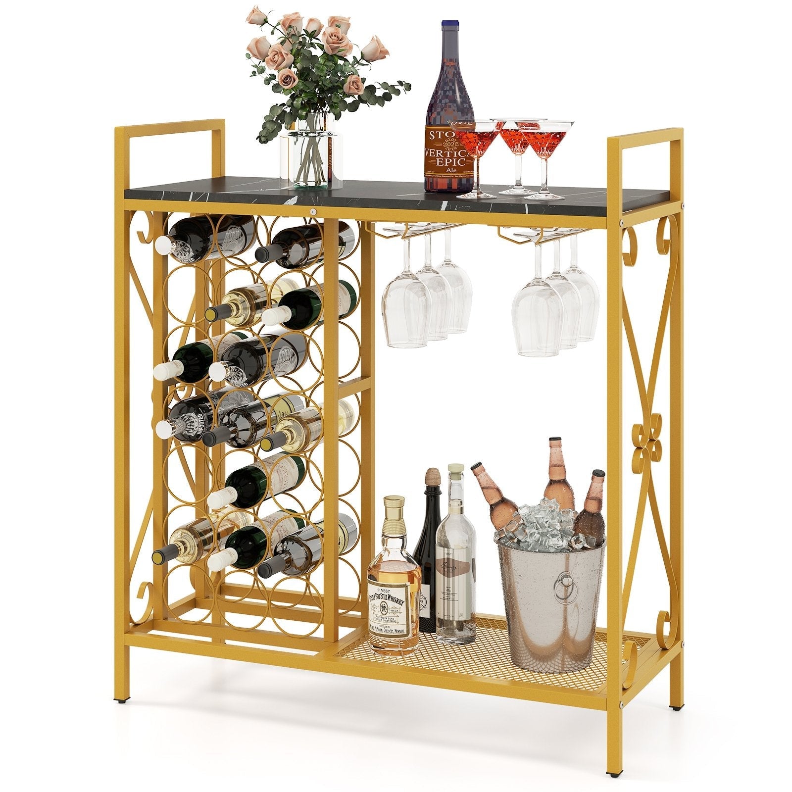 21 Bottle Wine Rack Freestanding Floor Wine Bottle Organizer with Glass Holder-Golden