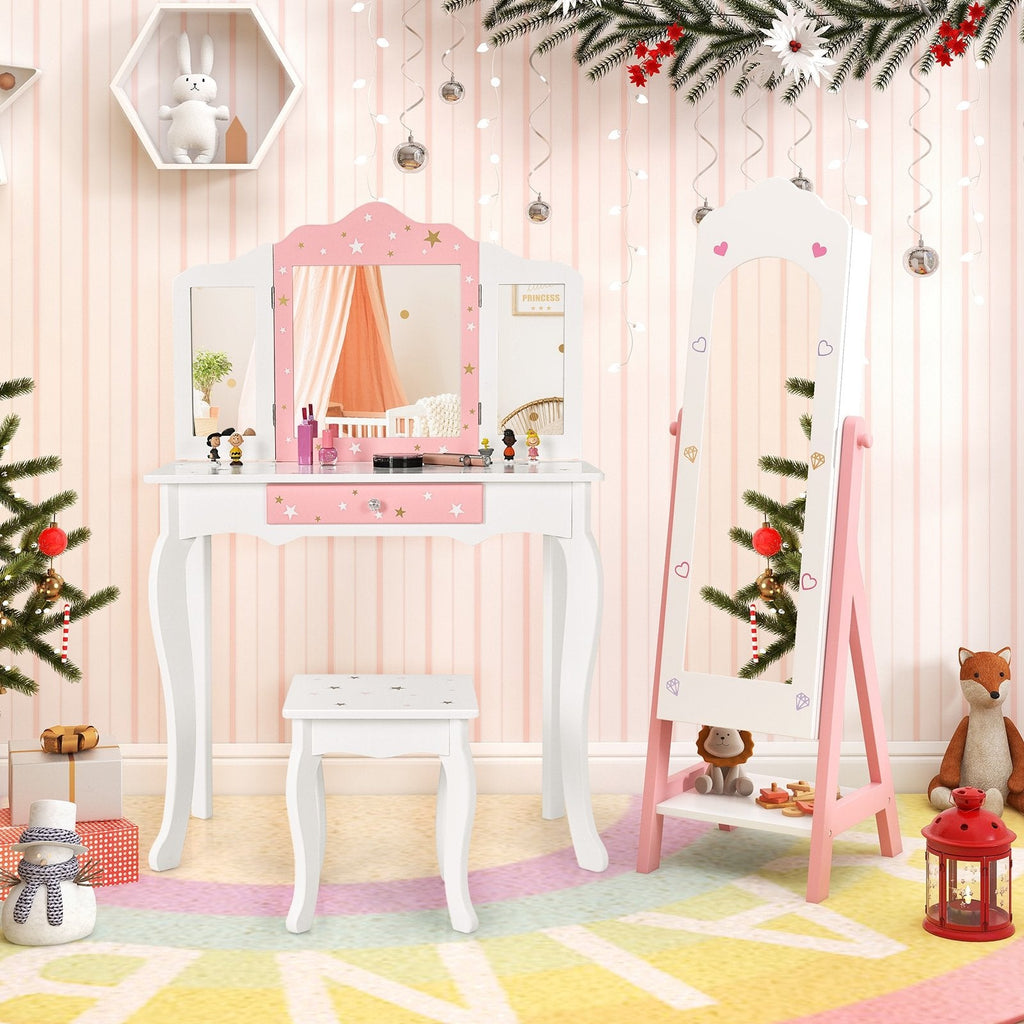 2 Pieces Kids Vanity Set and Jewelry Armoire Cabinet with Full-length Mirror-Pink