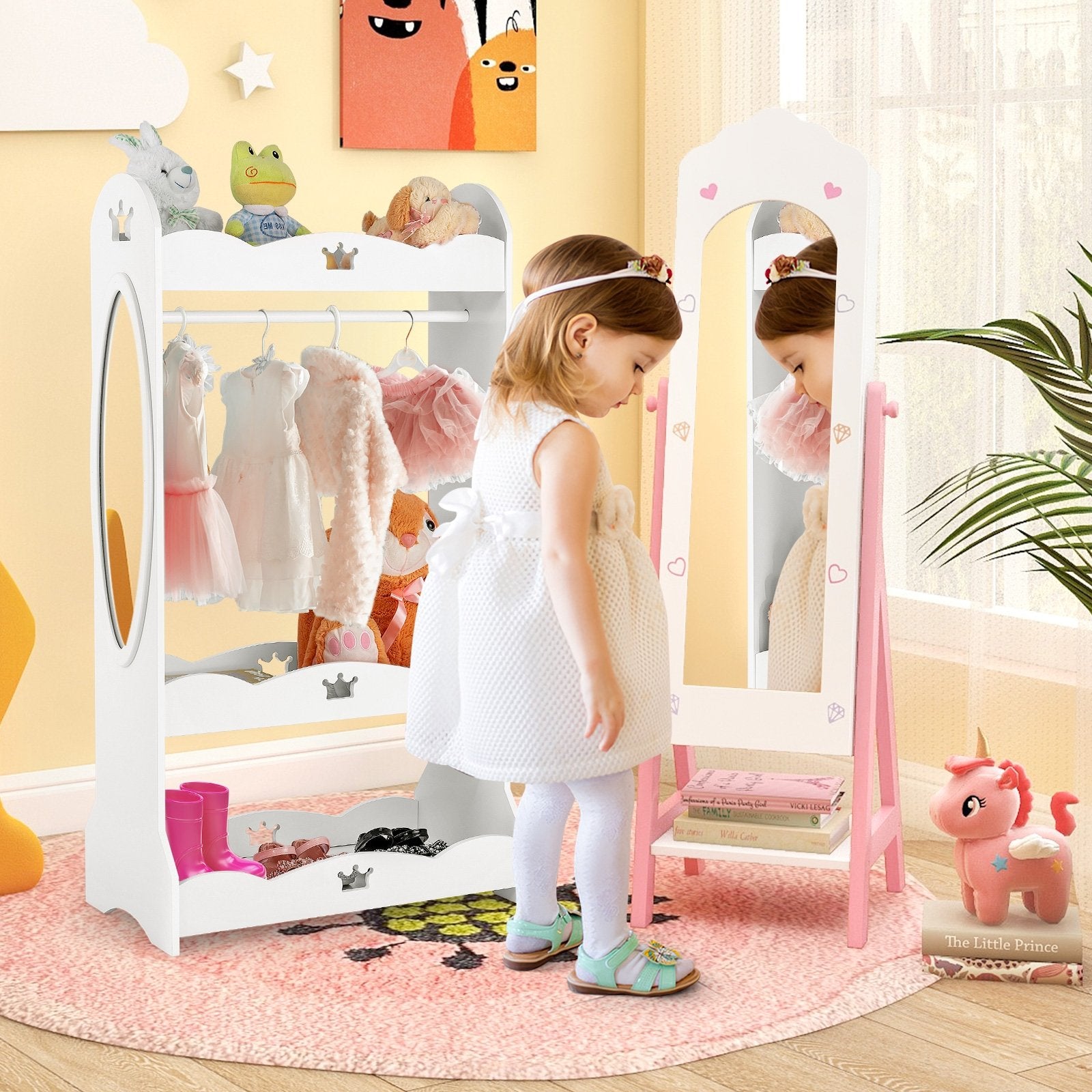 2 Pieces Kids Vanity Set and Jewelry Armoire Cabinet with Full-length Mirror-Pink