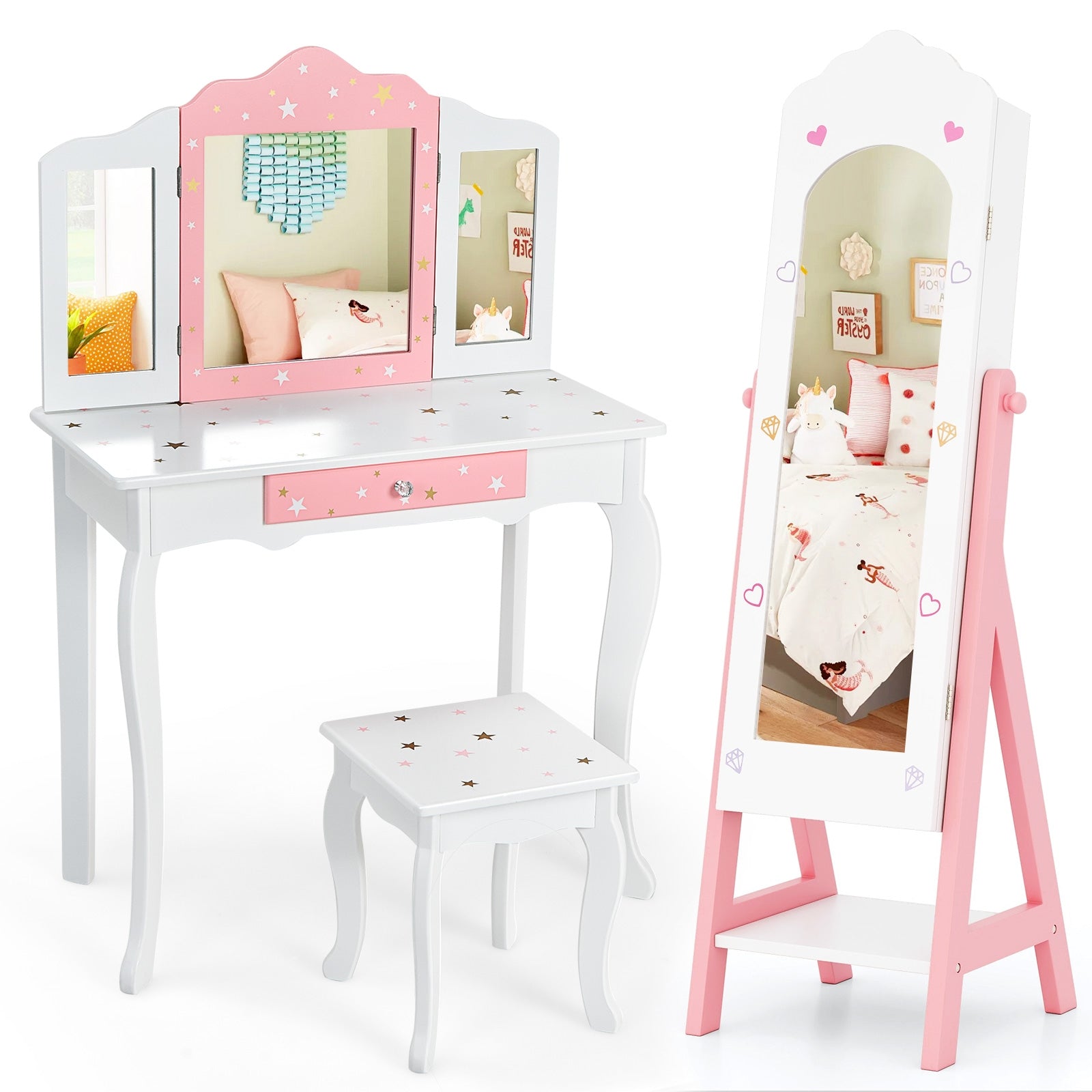 2 Pieces Kids Vanity Set and Jewelry Armoire Cabinet with Full-length Mirror-Pink