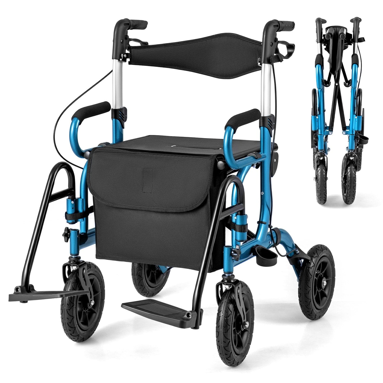 2-in-1 Foldable Rollator Walker with Seat abd 9 Inch Pneumatic Tires for Seniors-Black
