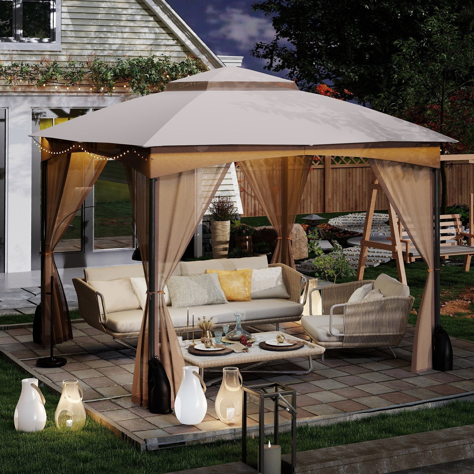 10 X 10 FT Heavy-Duty Patio Gazebo with Netting Walls and 4 Sandbags-Gray
