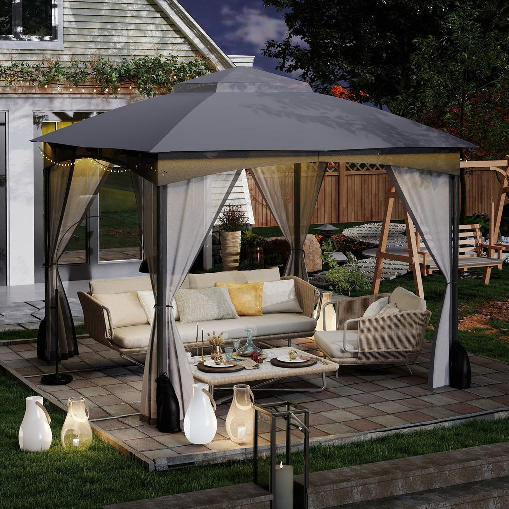 10 X 10 FT Heavy-Duty Patio Gazebo with Netting Walls and 4 Sandbags-Gray