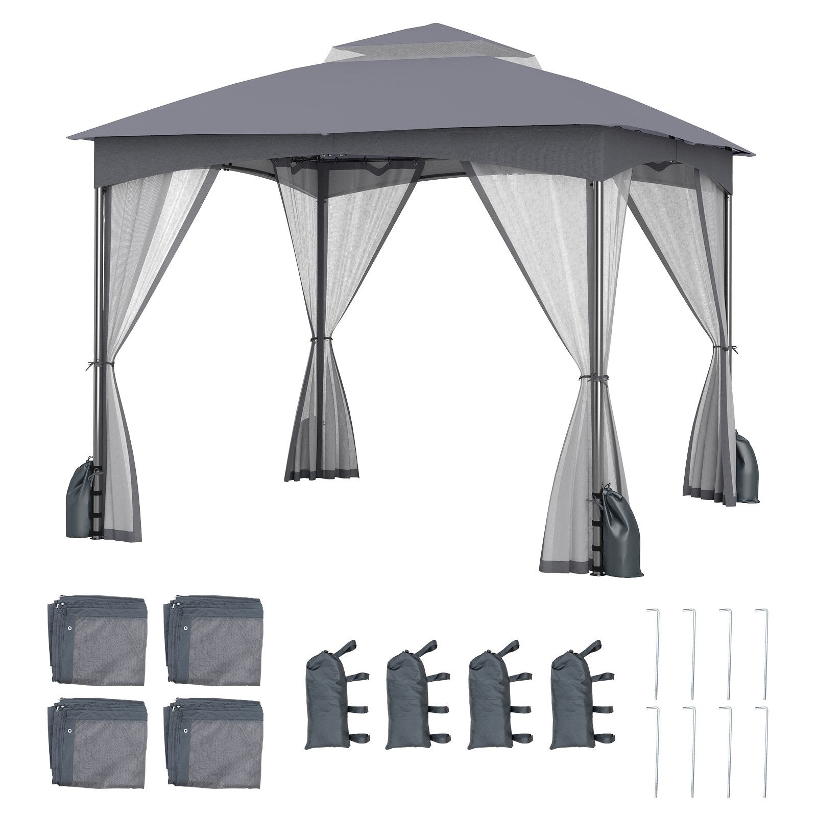 10 X 10 FT Heavy-Duty Patio Gazebo with Netting Walls and 4 Sandbags-Gray