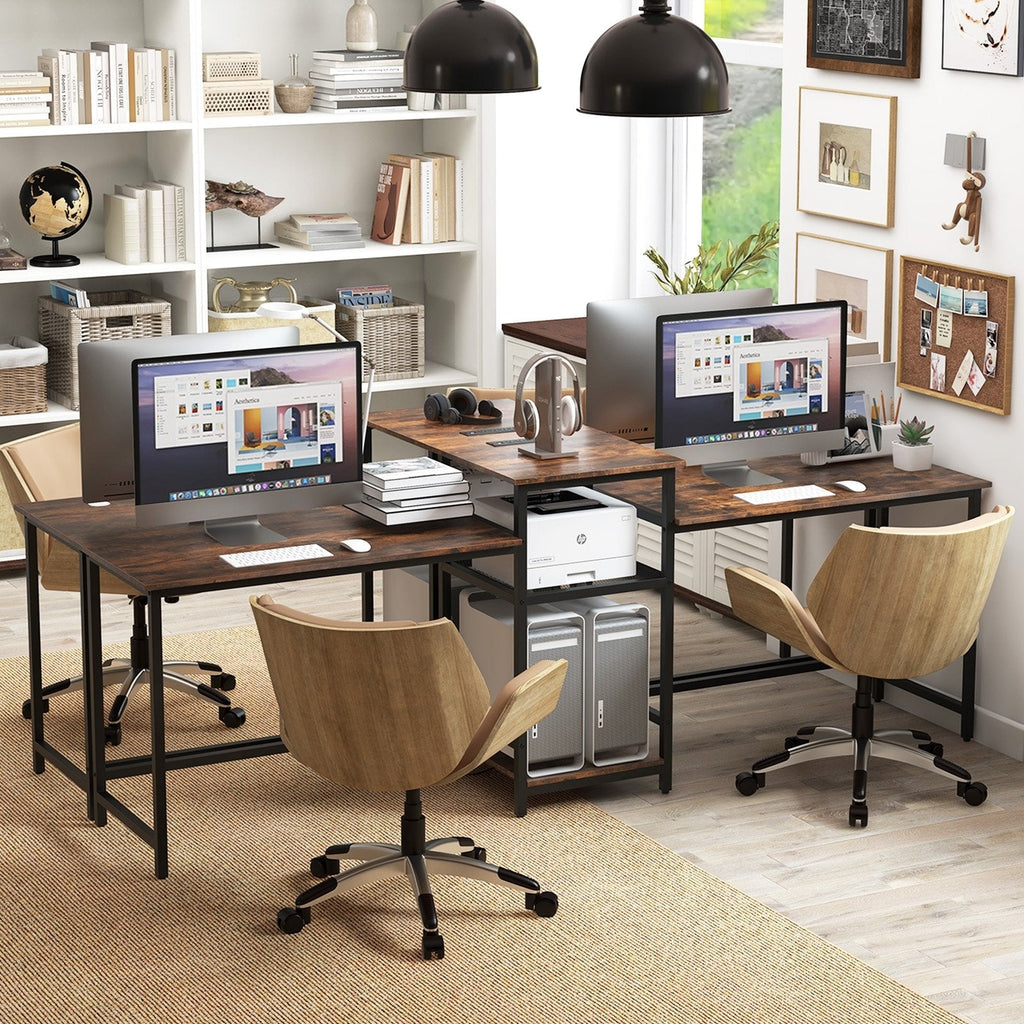 2-Person Computer Desk with Power Outlet and Printer Stand-Rustic Brown
