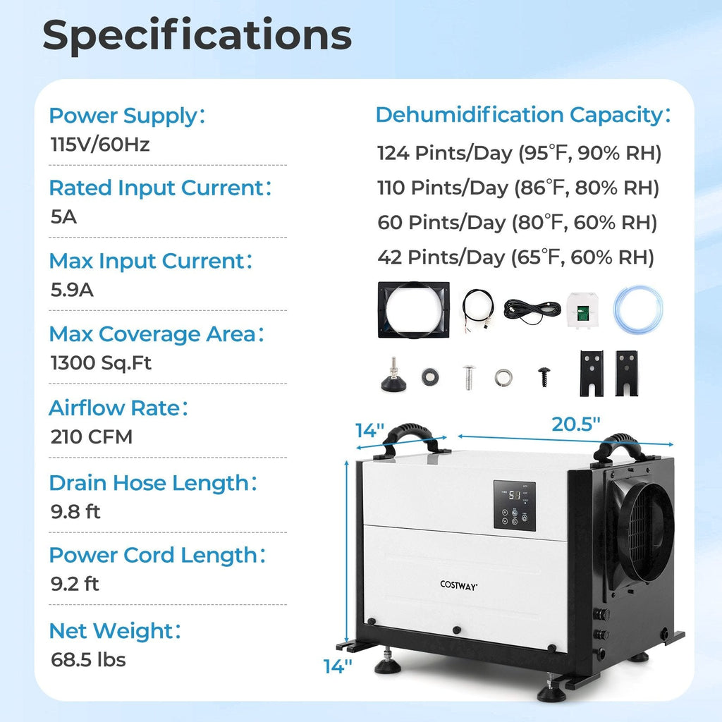124 Pint Crawl Space Dehumidifier with 3 Modes and 24H Timer-Blue