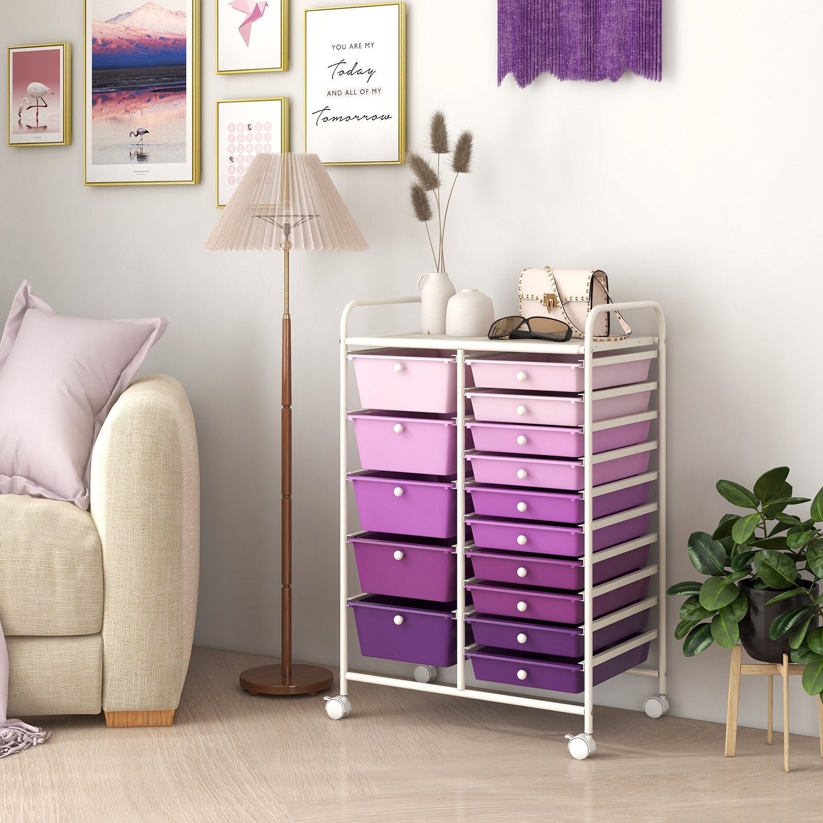 15-Drawer Utility Rolling Organizer Cart Multi-Use Storage-Purple