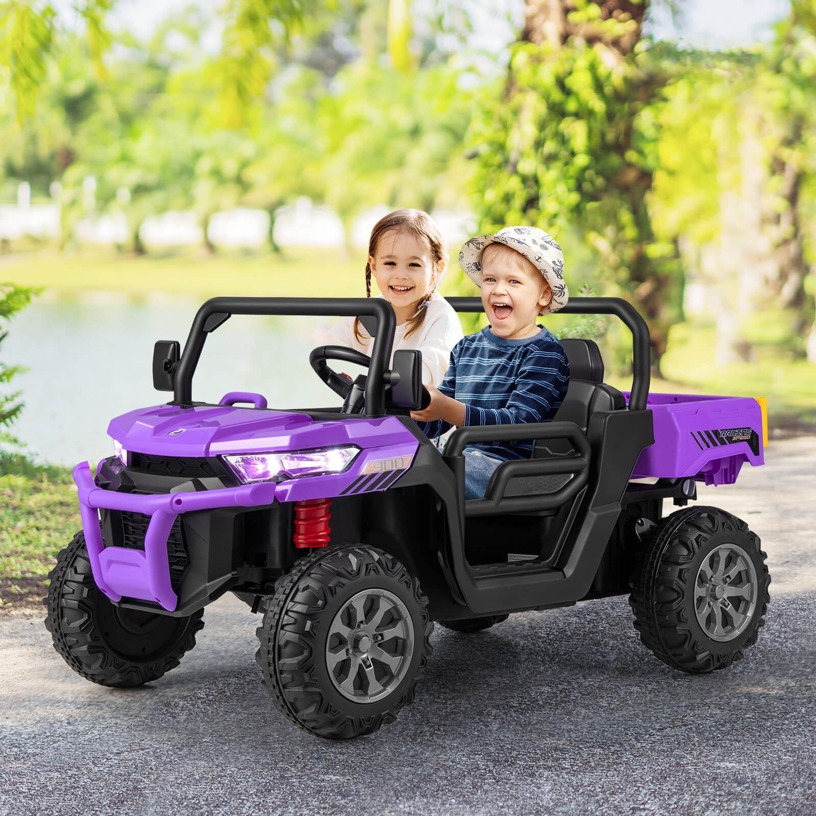 2-Seater Kids Ride On Dump Truck with Dump Bed and Shovel-Black